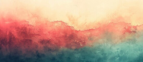 Dreamlike and ethereal watercolor landscape painting with a vibrant color gradient backdrop and a misty atmospheric forest scene