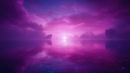 Fototapeta na wymiar An expansive body of water beneath a sky adorned with clouds and a celestial canopy in its center