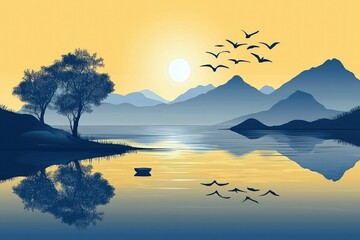 Fototapeta premium Tranquil Sunset Over a Serene Lake with Mountains and Birds in Silhouette