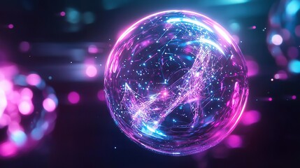   A spherical, shimmering glass ball containing blue and pink illuminations against a dark backdrop, featuring a hazy depiction of the letter 'q' at its center