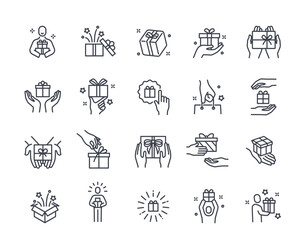 Gift box line icons set. Simple symbols with hands holding present or surprise. Celebrate birthday, Christmas or event. Editable stroke. Outline vector illustration collection isolated on background