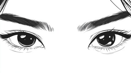 Asian Female Eyes in Black and White Manga Style.   Cartoon Comic Concept Featuring Anime Character. Hand-Drawn  with Rectangle Frame and Minimalist Design on White Background