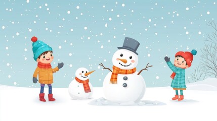 Children Building Snowmen Winter Fun