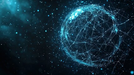  A blue sphere with lines and dots on a black backdrop and a blue center illuminated by a light