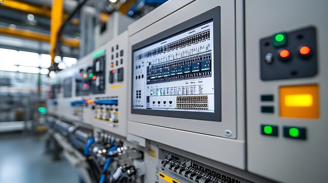 Control panels with electrical schematics displayed, monitoring and managing the plant&acirc;&euro;&trade;s overall power consumption.