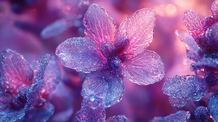Naklejka premium A detailed photo of a vivid purple blossom, adorned with droplets of water against a hazy backdrop of similar-colored blooms