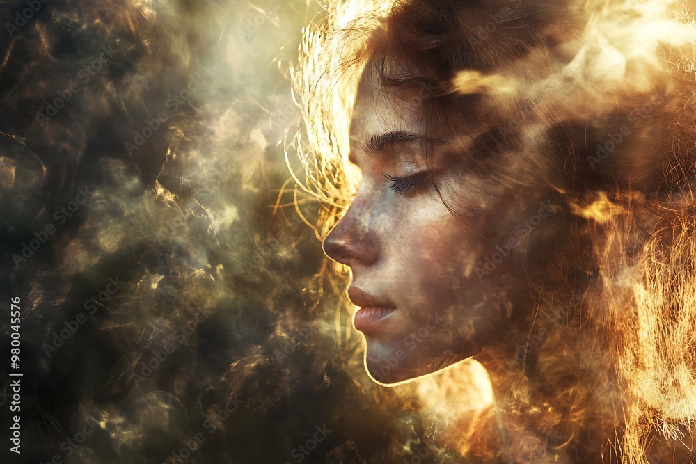 Canvas Prints Woman's face with golden light and hair.  Spiritual, mystical, and ethereal concept