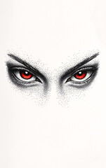 Naklejka premium Stylized black-and-white eye illustration with vibrant red iris, detailed stippling technique in a surreal and intense black and white design