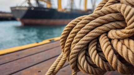Fototapeta premium A closeup of a dock with large ropes securing a ship, capturing the essence of maritime operations and the structure of a working port