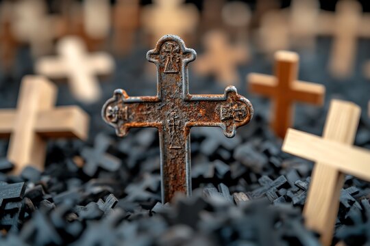 A close-up of a metal cross, with rust showing its age, surrounded by newer wooden crosses
