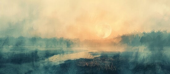 Enchanting Misty Lakeside Landscape with Ethereal Atmospheric Lighting and Serene Reflections at Magical Sunrise or Dramatic Sunset