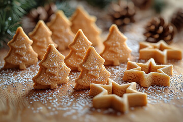 A set of Christmas-themed cookie cutters shaped like trees, bells, and stars. Concept of festive baking tools.