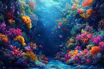 Obraz premium Underwater Coral Reef with Colorful Fish and Sunlight