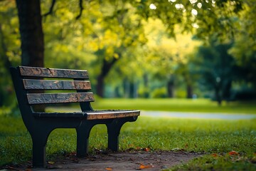 Lonely park bench in a green park setting with a blurred background