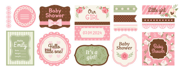 Scrapbook Design Elements. Set of cute adorable baby shower stickers for decorating notebook. Bright botanical labels with inscriptions. Flat vector illustration collection isolated on background