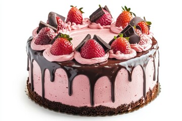 Chocolate and strawberry cake Isolated birthday or celebration cake on white background