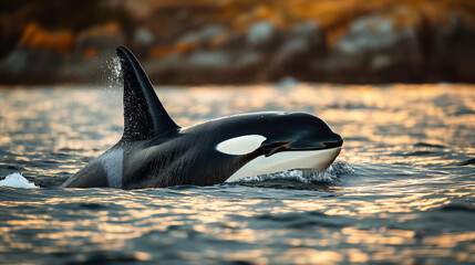 Orca whale mammal swimming in ocean water at sunset with dorsal fin in wildlife environment