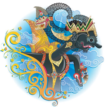Vector illustration, Modification of the Gatutkaca wayang character, with floral decoration elements.