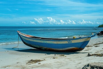 Fototapeta premium Cilacap Central Java Indonesia August 21 2023 a small vessel was anchored on the shore during daylight