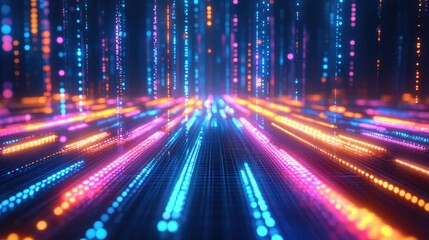 Fototapeta premium Futuristic abstract background featuring neon blue, orange, pink, and yellow lights, creating a tech-inspired, glowing grid design