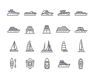 Ships line icons set. Simple symbols with yacht, kayak, inflatable boat, sailboat and motor ship. Sea transport. Editable stroke. Outline vector illustration collection isolated on white background © Rudzhan