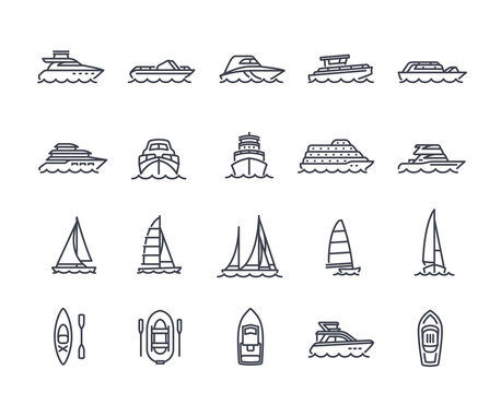 Ships line icons set. Simple symbols with yacht, kayak, inflatable boat, sailboat and motor ship. Sea transport. Editable stroke. Outline vector illustration collection isolated on white background