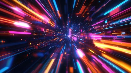 Neon-infused abstract futuristic background with blue, orange, pink, and yellow light streaks, forming a sleek technological pattern