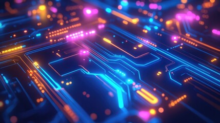 Fototapeta premium Vibrant abstract technology design with neon blue, orange, pink, and yellow lights, forming intricate futuristic shapes on a dark background