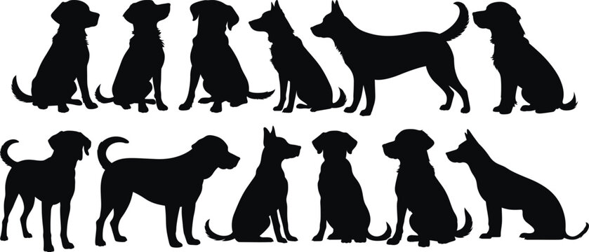 Vector clip art showcasing dogs in different poses, both sitting and standing, created in silhouette style. This clean and minimal design is ideal for pet-themed graphics