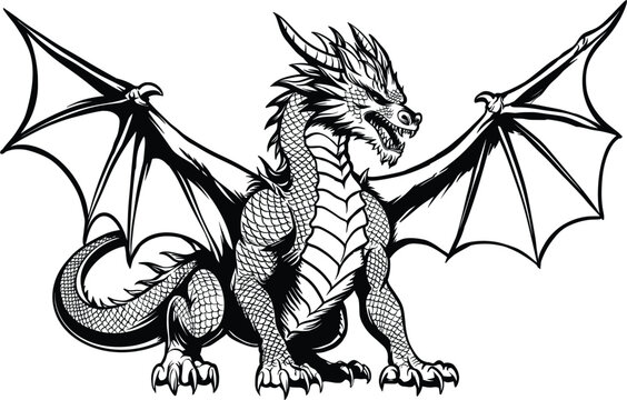 Hand-drawn vector illustration of a dragon in a menacing pose, created in line art style. The intricate details of the dragon's fierce expression and scales add a sense of danger and power
