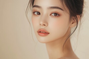 Naklejka premium Close up portrait of a young beautiful Asian woman with K beauty makeup and flawless skin set against a beige backdrop for skincare advertising