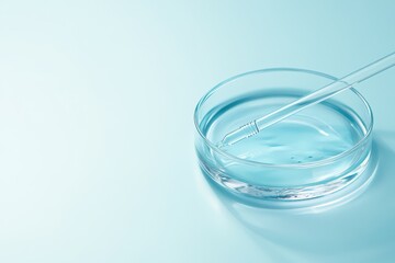 Closeup of a liquid filled petri dish and pipette on a light blue surface