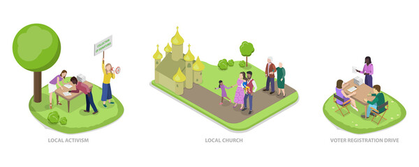 Obraz premium 3D Isometric Flat Illustration of Neighborhood Social Life, Local Community Activism
