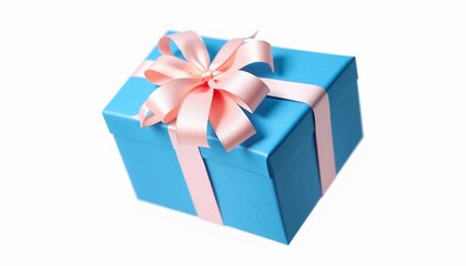 Fototapeta premium Blue Gift Box with Pink Ribbon on White Background – Horizontal Layout 