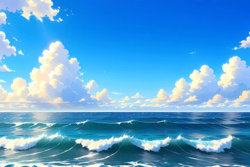 Ocean with Rolling Waves Turquoise Crest White Clouds Blue Sky and Bright Sunny Day