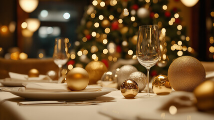 Christmas, restaurant, decorated, gold, silver, ball, holiday, festive
