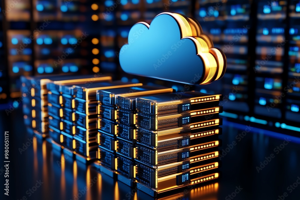 Aufkleber a cloud database infrastructure, with a virtual cloud hovering above servers, symbolizing cloud-base