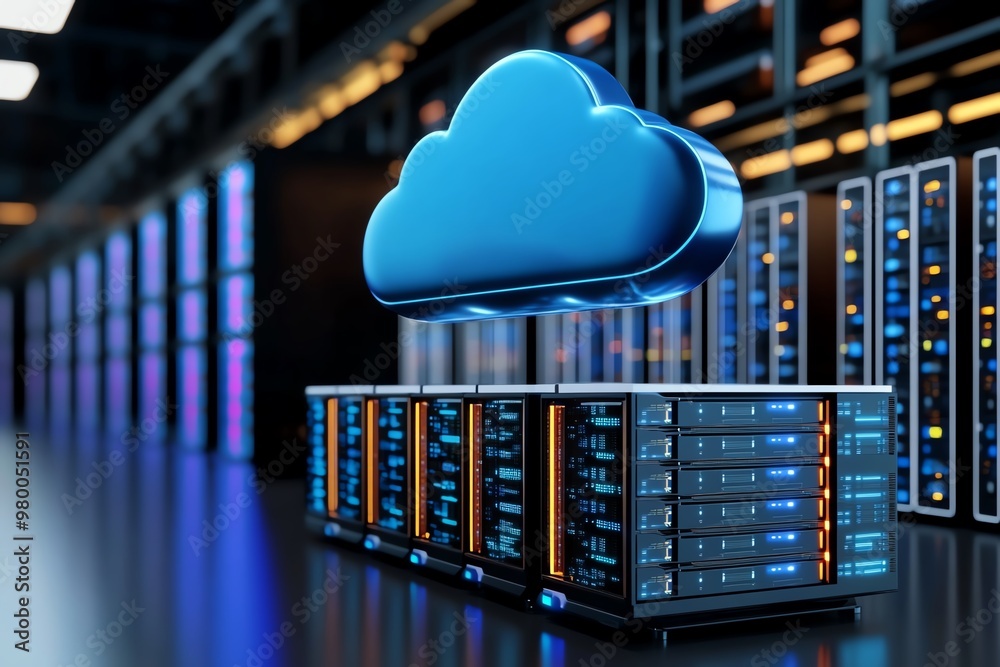Aufkleber a cloud database infrastructure, with a virtual cloud hovering above servers, symbolizing cloud-base