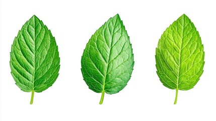 Obraz premium Three green leaves rest together on a white surface