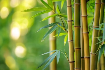 Closeup of green bamboo stalks in a lush forest. Nature, sustainability, and tropical vibes