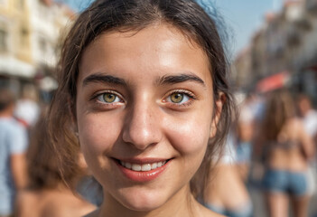 Fototapeta premium Close-up face, smiling, happy, eyes and mouth with white teeth, outside in summer, city streets, teenage girl or young woman, sunshine, shopping, lots of people, good mood