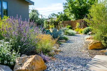 Scenes of a front yard garden with a xeriscape design, featuring drought-tolerant plants, gravel pathways, and a water-efficient landscape. 