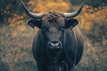 Naklejka premium Close up portrait of a brown bull with horns looking directly at the camera in a field