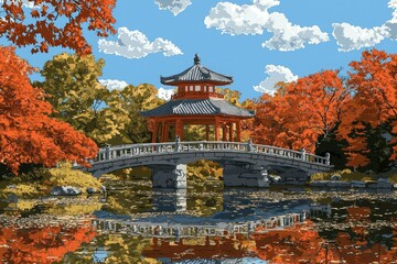 Traditional Stone Bridge Leading to a Red Pagoda Amidst Autumn Foliage