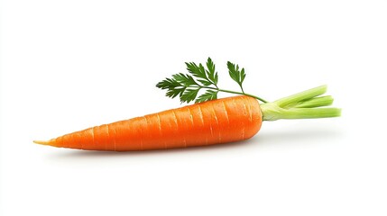   A single carrot with a leafy stalk on a white background