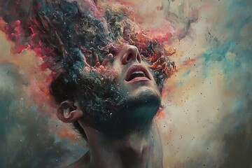 Surreal Abstract Painting of Man Drowning in Colorful Liquid