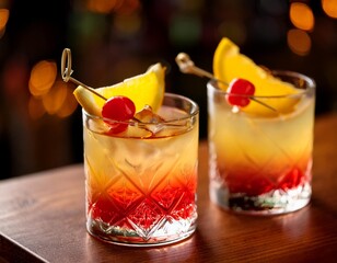 Classic cocktail garnishes with depth of field featuring citrus twists and maraschino cherries