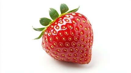   A focused image of a strawberry on a green leaf, set against a pure white backdrop
