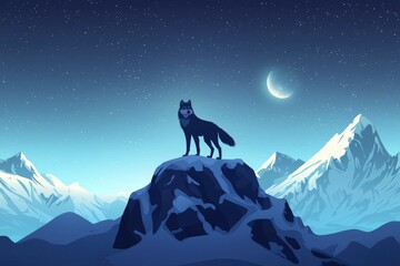 Obraz premium Lone Wolf Standing on Mountaintop Under a Crescent Moon