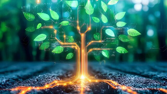 Futuristic glowing tree symbolizing the fusion of technology and nature in a digital sustainable environment